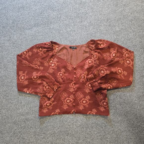 Madewell Tops - Madewell Top Womens Size XL Orange Floral Cropped Peasant Smocked V Neck Casual